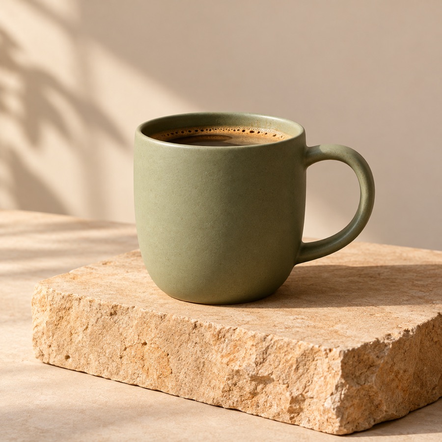 Studio product photograph of a matte sage-green ceramic coffee cup on a warm sandstone block, soft morning side light, minimal composition, gentle shadow, neutral beige background