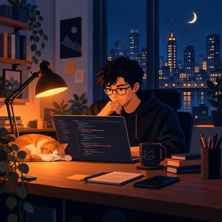 Flat editorial illustration of a developer working late at a desk with a sleeping cat beside the laptop, city skyline at night outside the window, warm desk lamp glow, limited palette of deep blue and warm orange, clean shapes