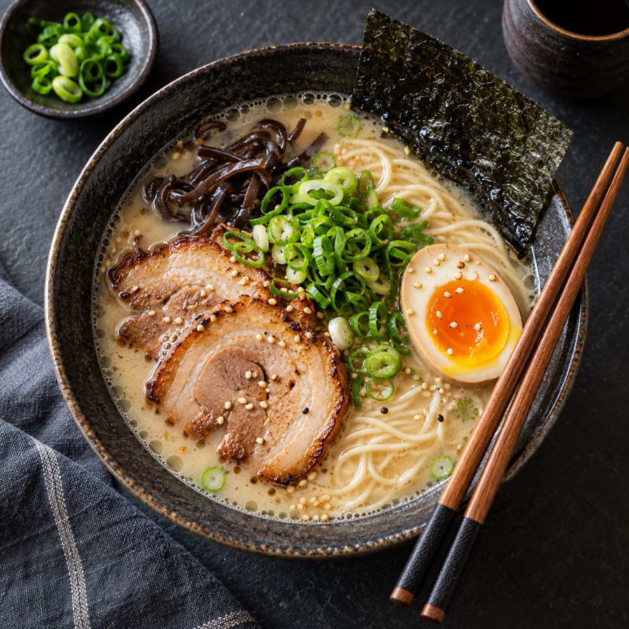 Overhead food photograph of a bowl of tonkotsu ramen with a soft-boiled egg, scallions and nori, wooden chopsticks resting on the bowl, dark slate table, soft natural window light, appetizing and realistic
