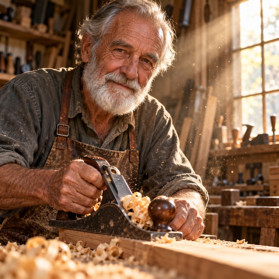 Close-up portrait of an elderly craftsman in a woodworking workshop, holding a hand plane, sawdust floating in beams of warm window light, rich wood and skin textures, shallow depth of field, 85mm documentary photography