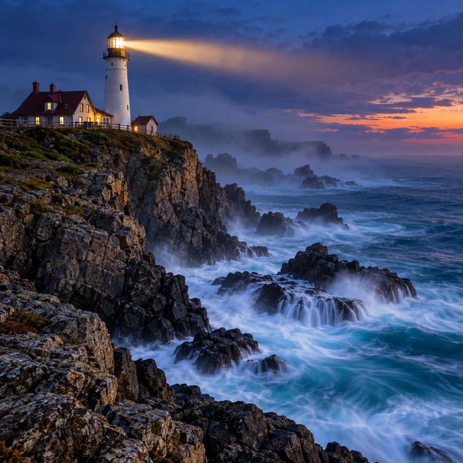 Cinematic photograph of a lighthouse on a rocky cliff at blue hour, waves crashing below with long-exposure motion, the lighthouse beam cutting through light mist, highly detailed, rich color grading